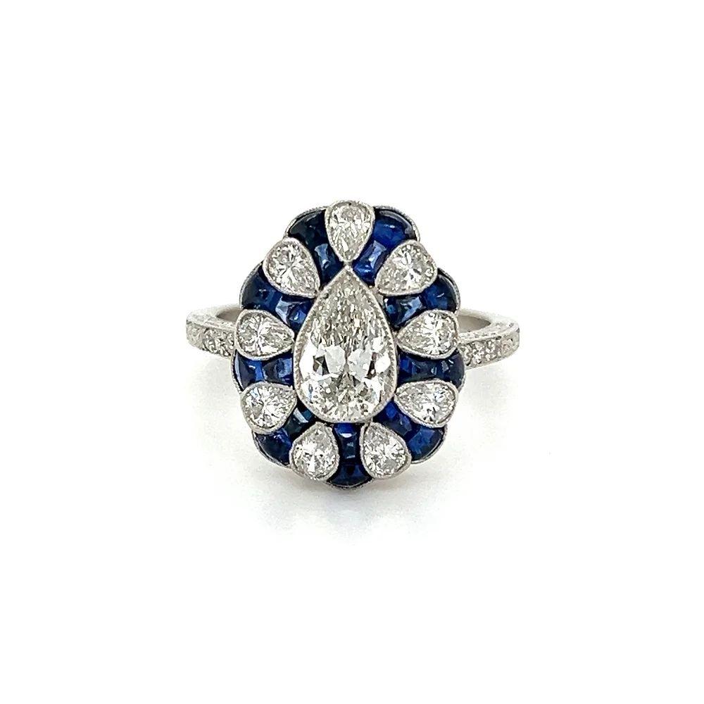 Art Deco Vintage Pear Diamond, Sapphire, OEC and Pear Diamond Platinum Cocktail Ring For Sale