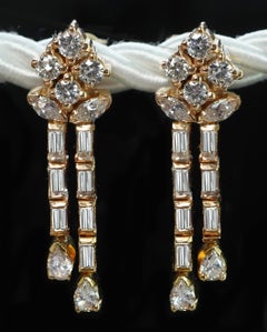 Vintage Pear Marquise Baguette Diamond Dangling Drop Earrings 18K Gold Estate
