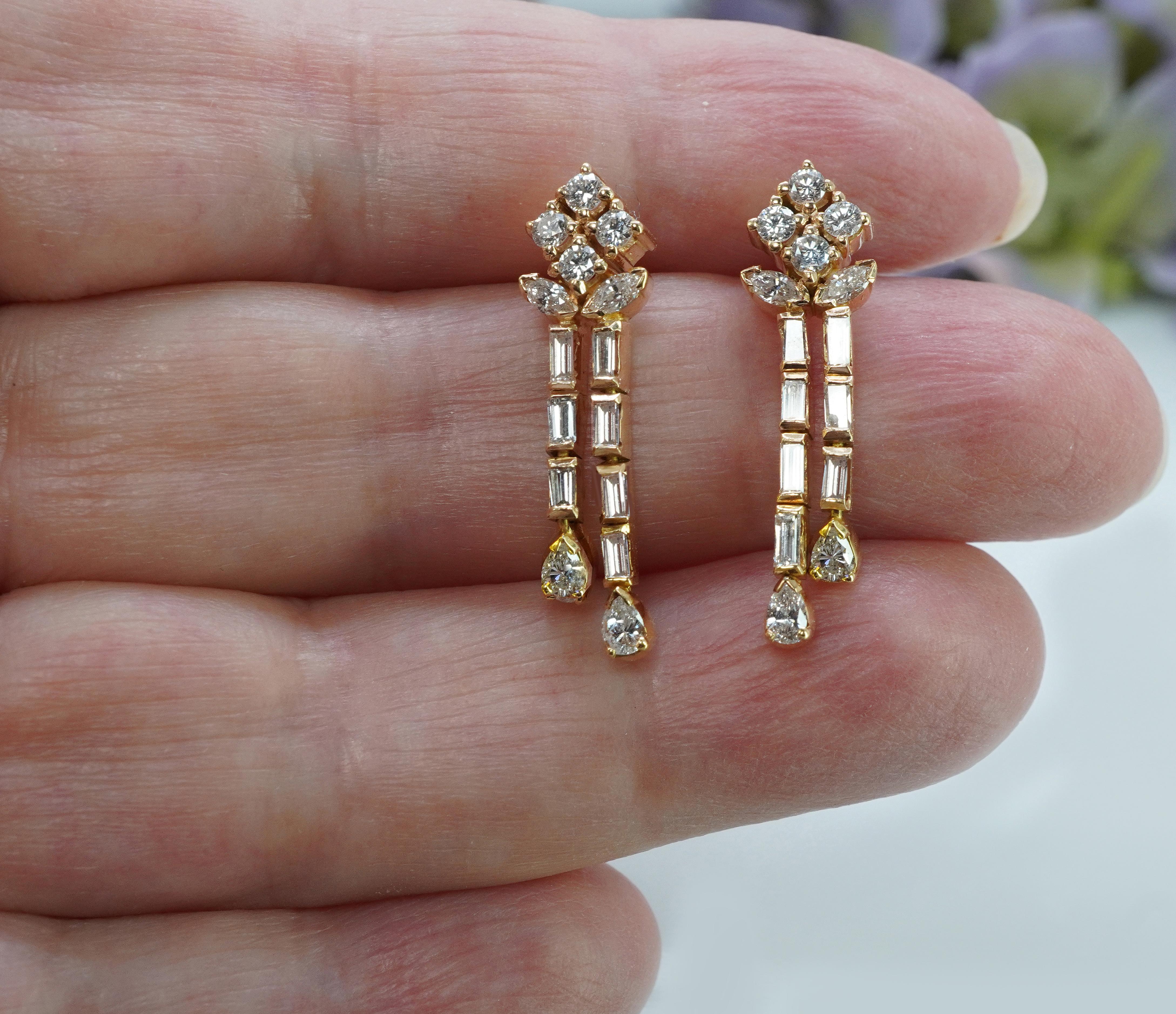 Retro Vintage Pear Marquise Baguette Diamond Dangling Drop Earrings 18K Gold Estate For Sale