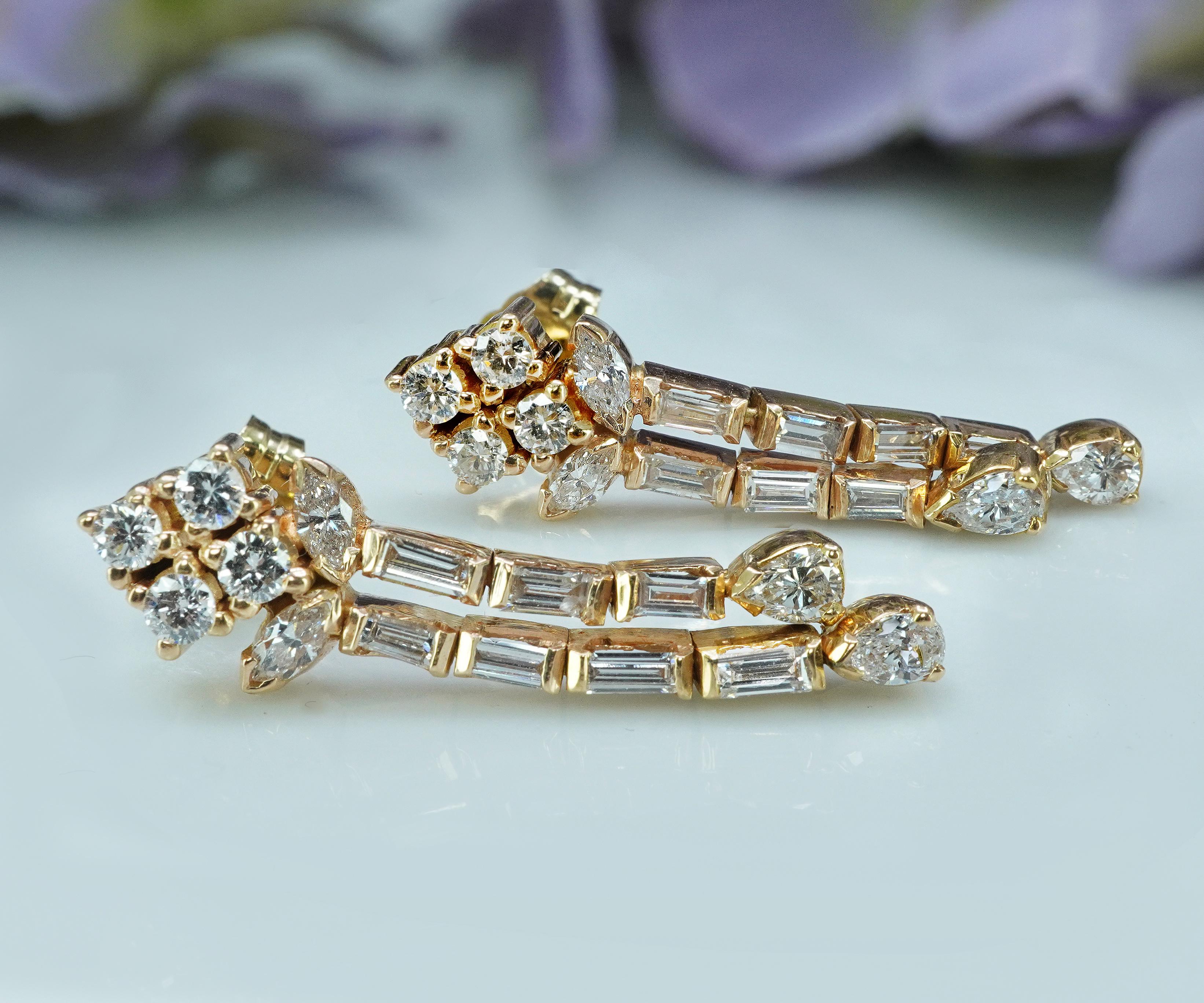 Round Cut Vintage Pear Marquise Baguette Diamond Dangling Drop Earrings 18K Gold Estate For Sale
