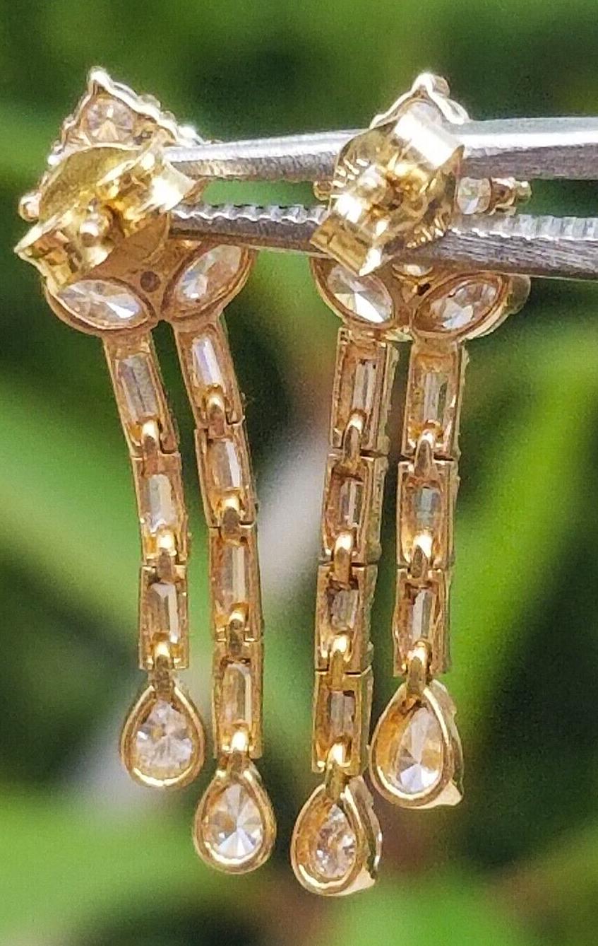 Vintage Pear Marquise Baguette Diamond Dangling Drop Earrings 18K Gold Estate In Good Condition For Sale In Brambleton, US