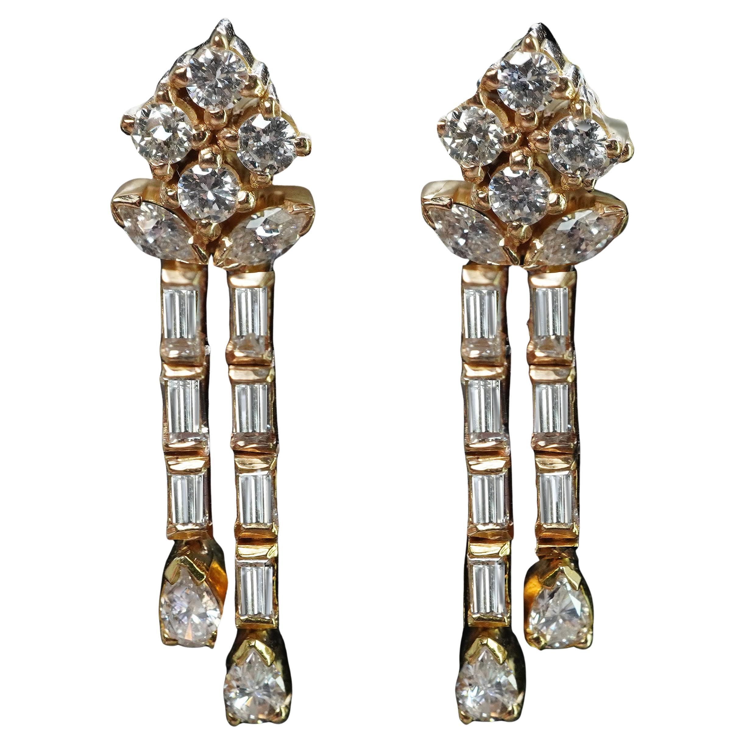 Vintage Pear Marquise Baguette Diamond Dangling Drop Earrings 18K Gold Estate For Sale