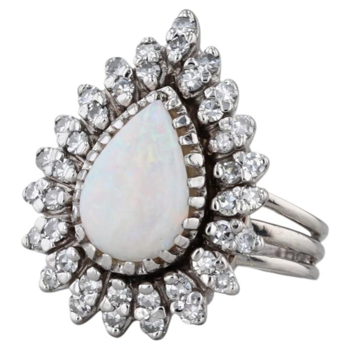 Vintage Pear Opal Diamond Halo Ring 14k White Gold Size 6-6.25 Cocktail For Sale