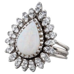 Vintage Pear Opal Diamond Halo Ring 14k White Gold Size 6-6.25 Cocktail