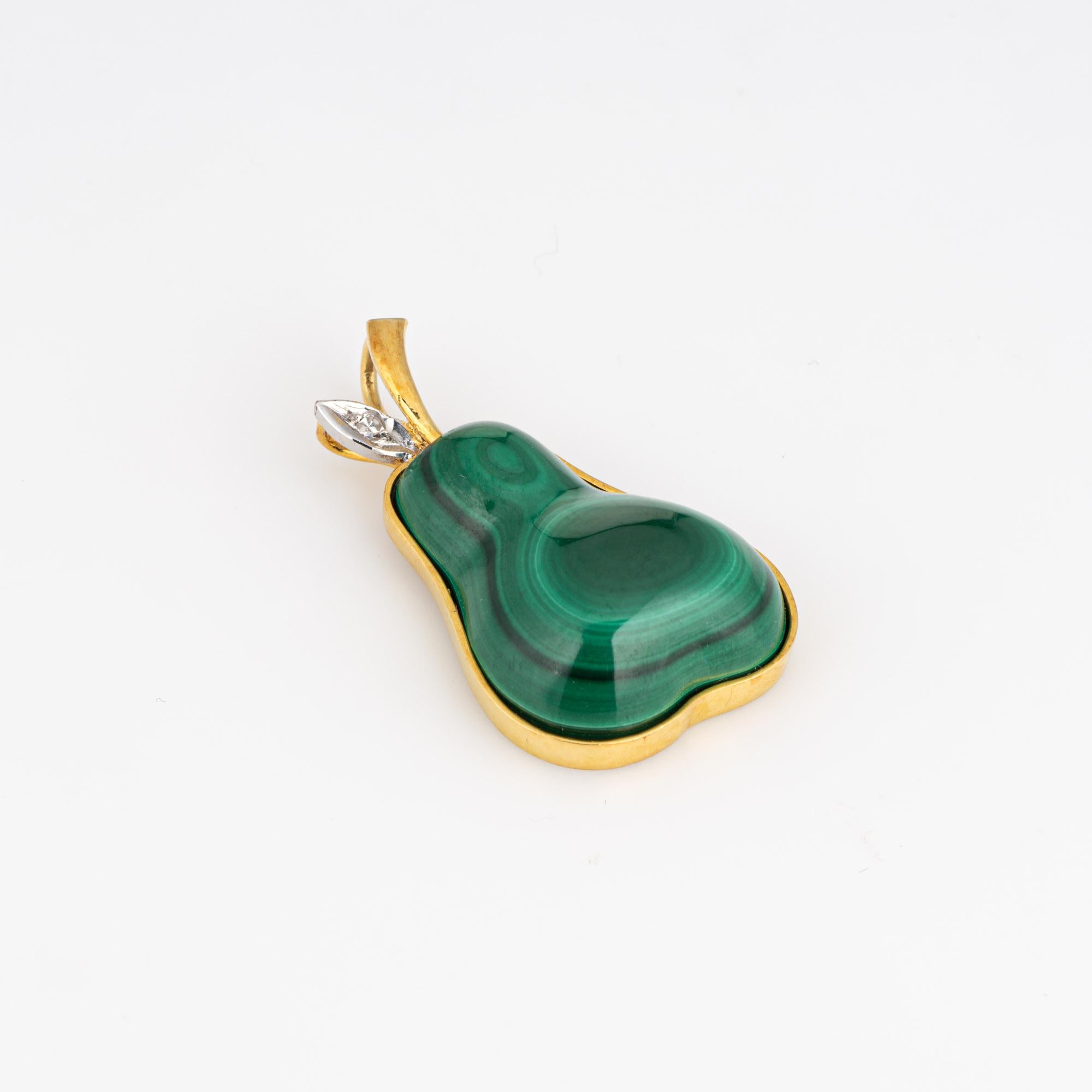 Modern Vintage Pear Pendant Malachite Diamond 14k Yellow Gold Fine Jewelry Fruit  For Sale