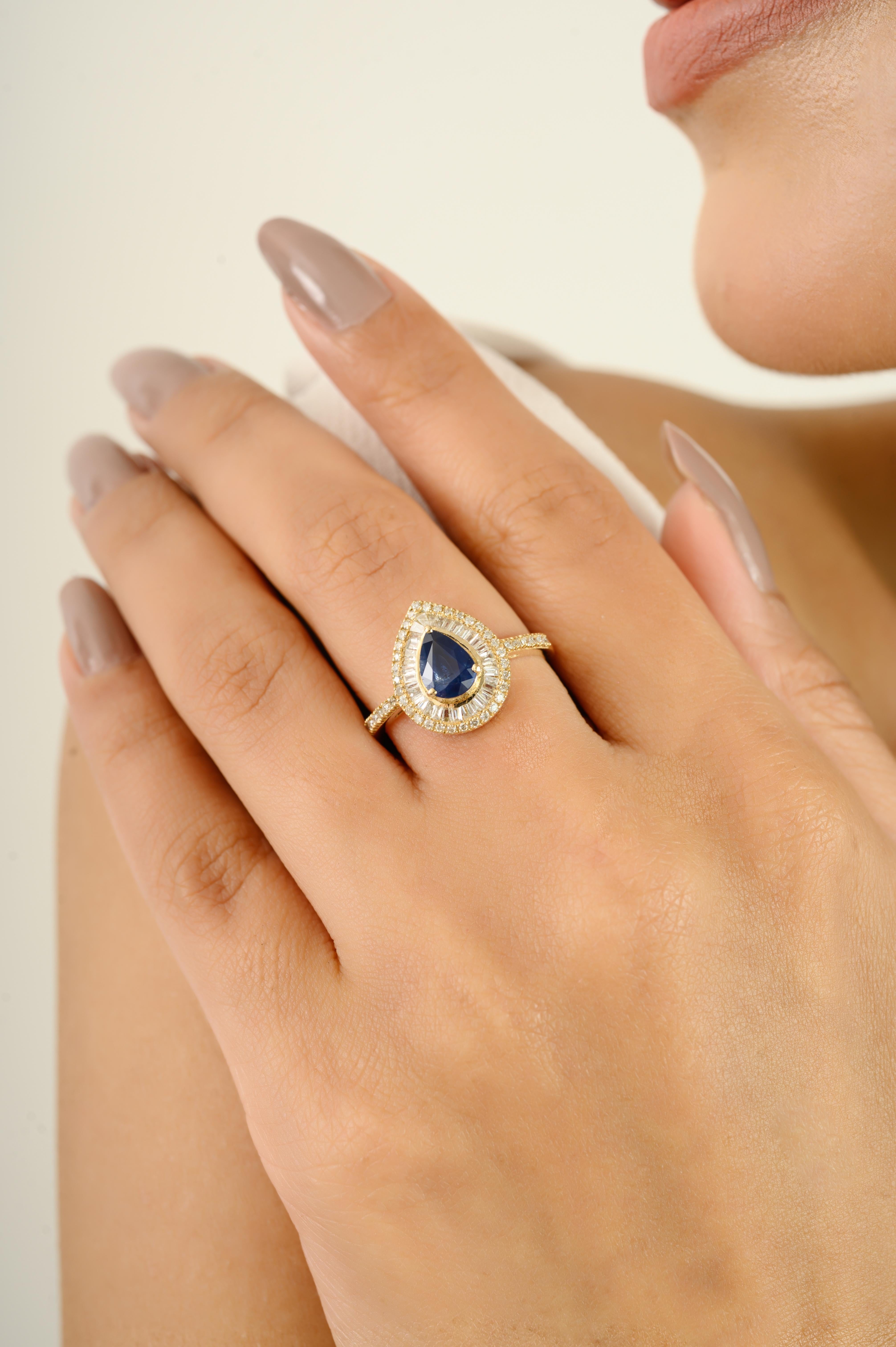 En vente :  Bague de fiançailles Vintage en or jaune 14k avec double halo de saphirs et de diamants en poire 4
