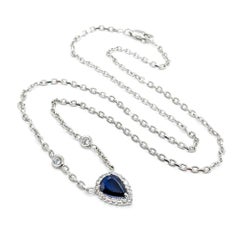 Vintage Pear Sapphire & Diamond Halo Necklace in 14K White Gold