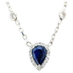 Vintage Pear Sapphire & Diamond Halo Necklace in 14K White Gold