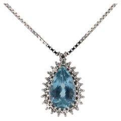 Vintage Pear Shape Aquamarine Diamond Halo Necklace