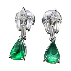 Vintage Pear Shape Columbian Emerald Earrings, 18kt White Gold