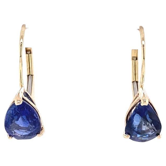 Vintage Pear Shape Natural Blue Sapphire Gold Drop Earrings For Sale