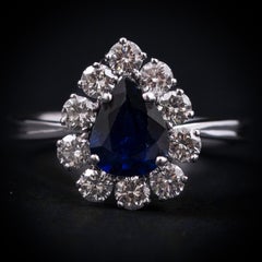 Vintage Pear Shape Sapphire Diamond Cluster Ring 19.2K White Gold Portugal 1990s