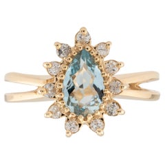 Anello Vintage a forma di pera con acquamarina e diamante a raggiera in oro giallo 14 carati