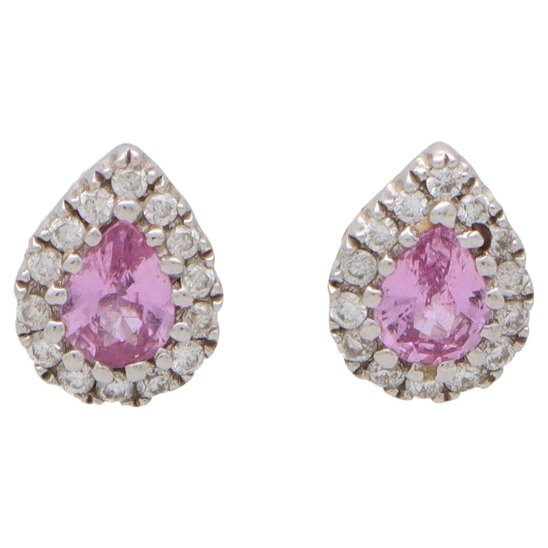 Vintage Pear Shaped Pastel Pink Sapphire and Diamond Earrings Set in 18k Gold
