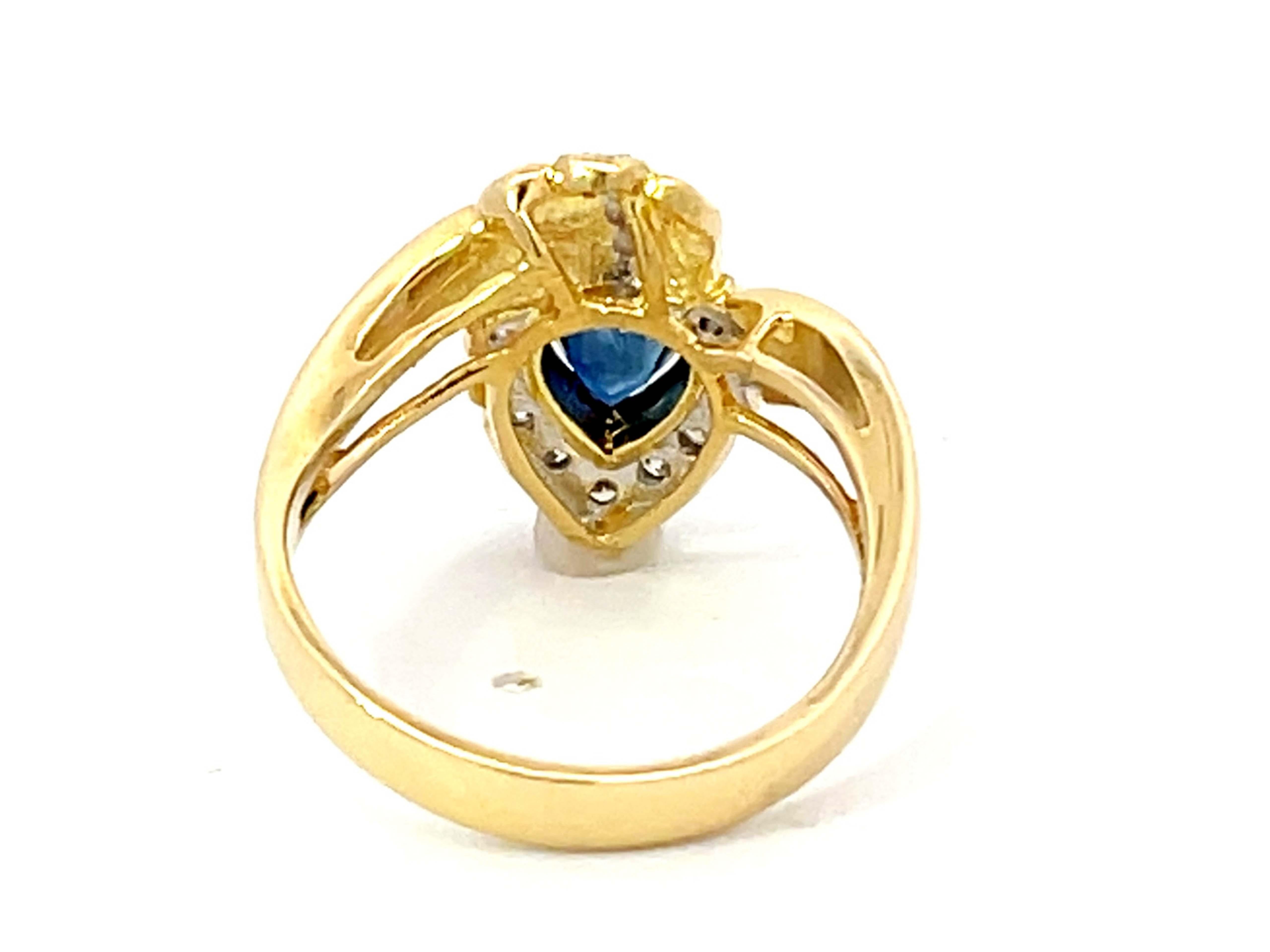 Vintage Pear Shaped Sapphire and Diamond Halo Ring in 18k Yellow Gold For Sale 2