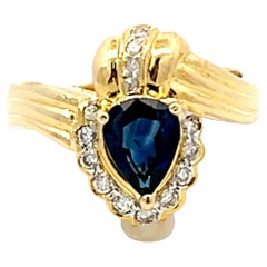 Vintage Pear Shaped Sapphire and Diamond Halo Ring in 18k Yellow Gold