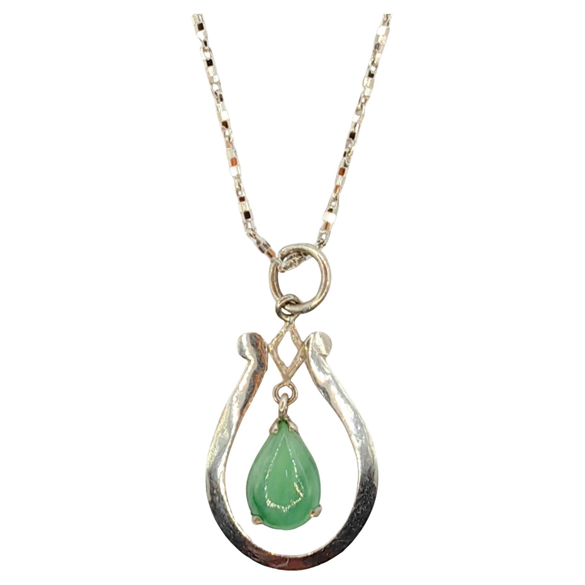 Vintage Pear Shaped Teardrop Jade Pendant in Sterling Silver For Sale
