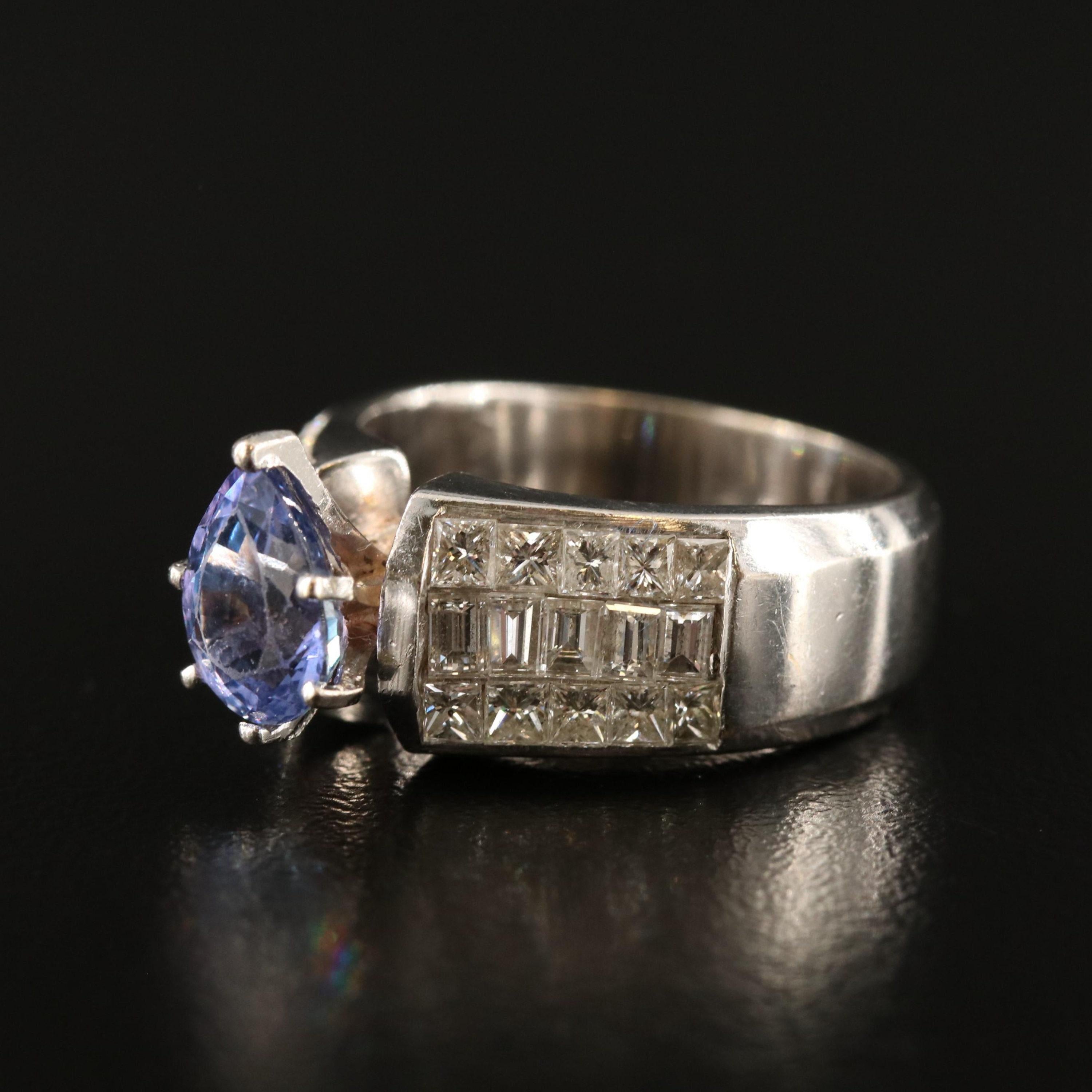For Sale:  Vintage Pear Tanzanite Diamonds Engagement Ring, Diamond Wedding Ring 3