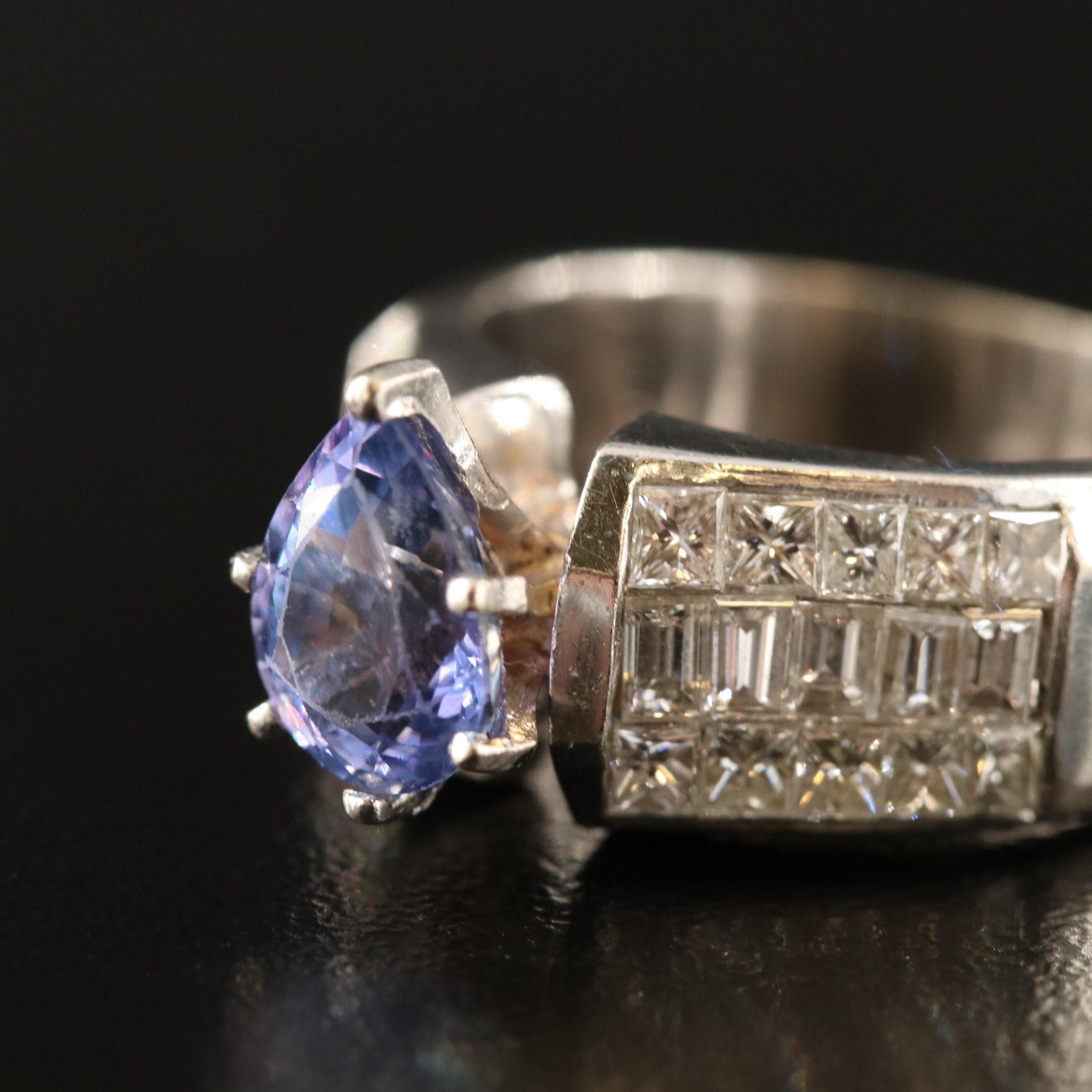 For Sale:  Vintage Pear Tanzanite Diamonds Engagement Ring, Diamond Wedding Ring 4
