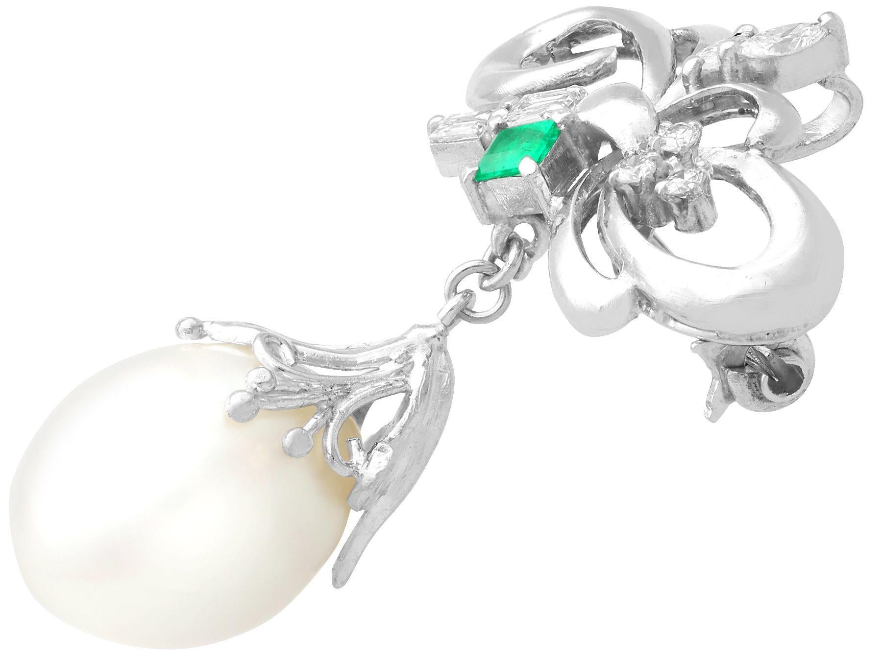 Women's or Men's Vintage Pearl Emerald and Diamond Platinum Drop Brooch / Pendant