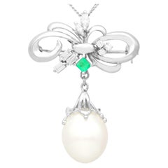 Vintage Pearl Emerald and Diamond Platinum Drop Brooch / Pendant