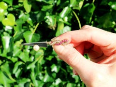 Vintage 1950s Pearl Ruby and Diamond and Yellow Gold Sword Brooch