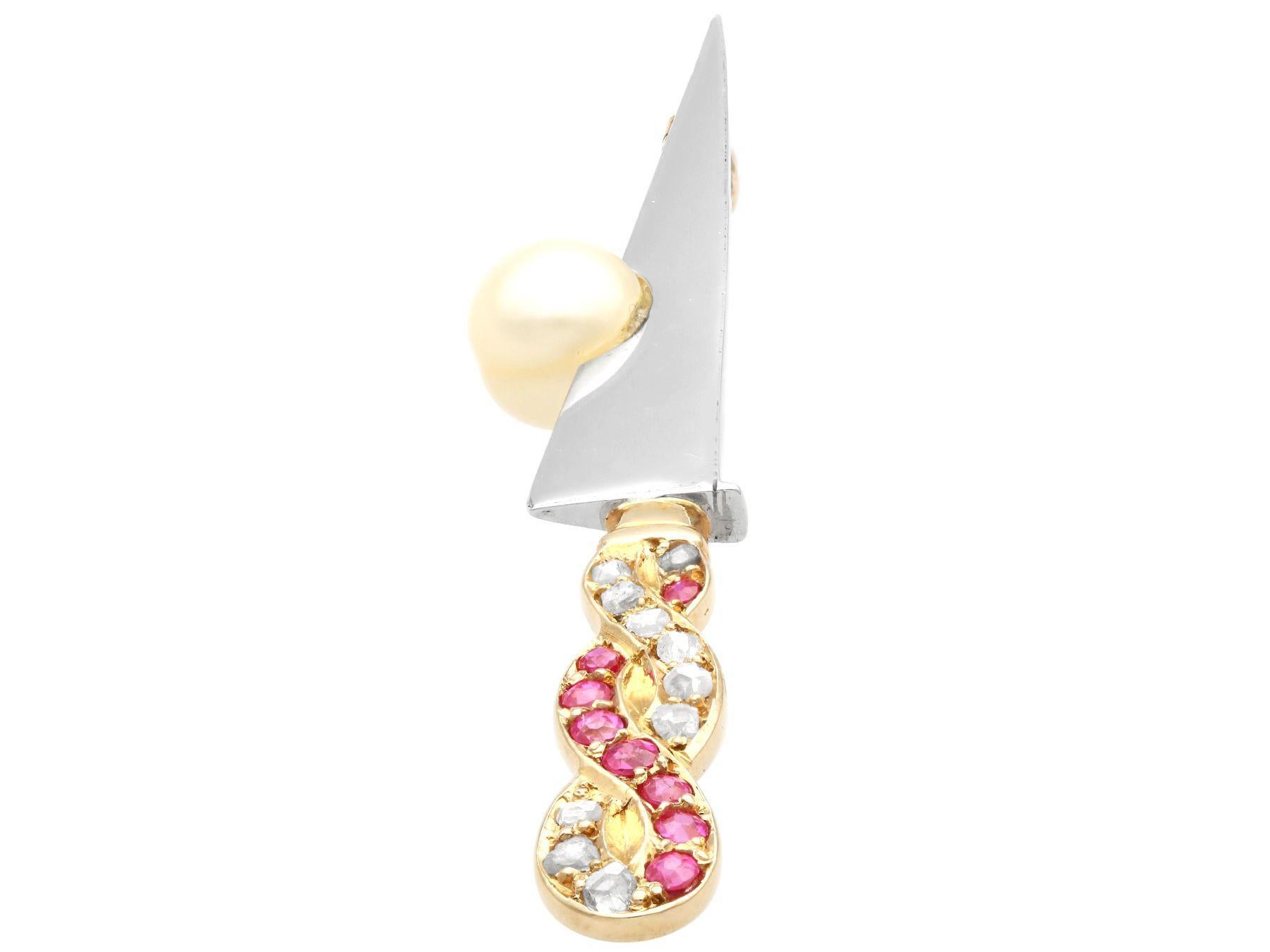 Round Cut Vintage 1950s Pearl Ruby and Diamond and Yellow Gold Sword Brooch For Sale