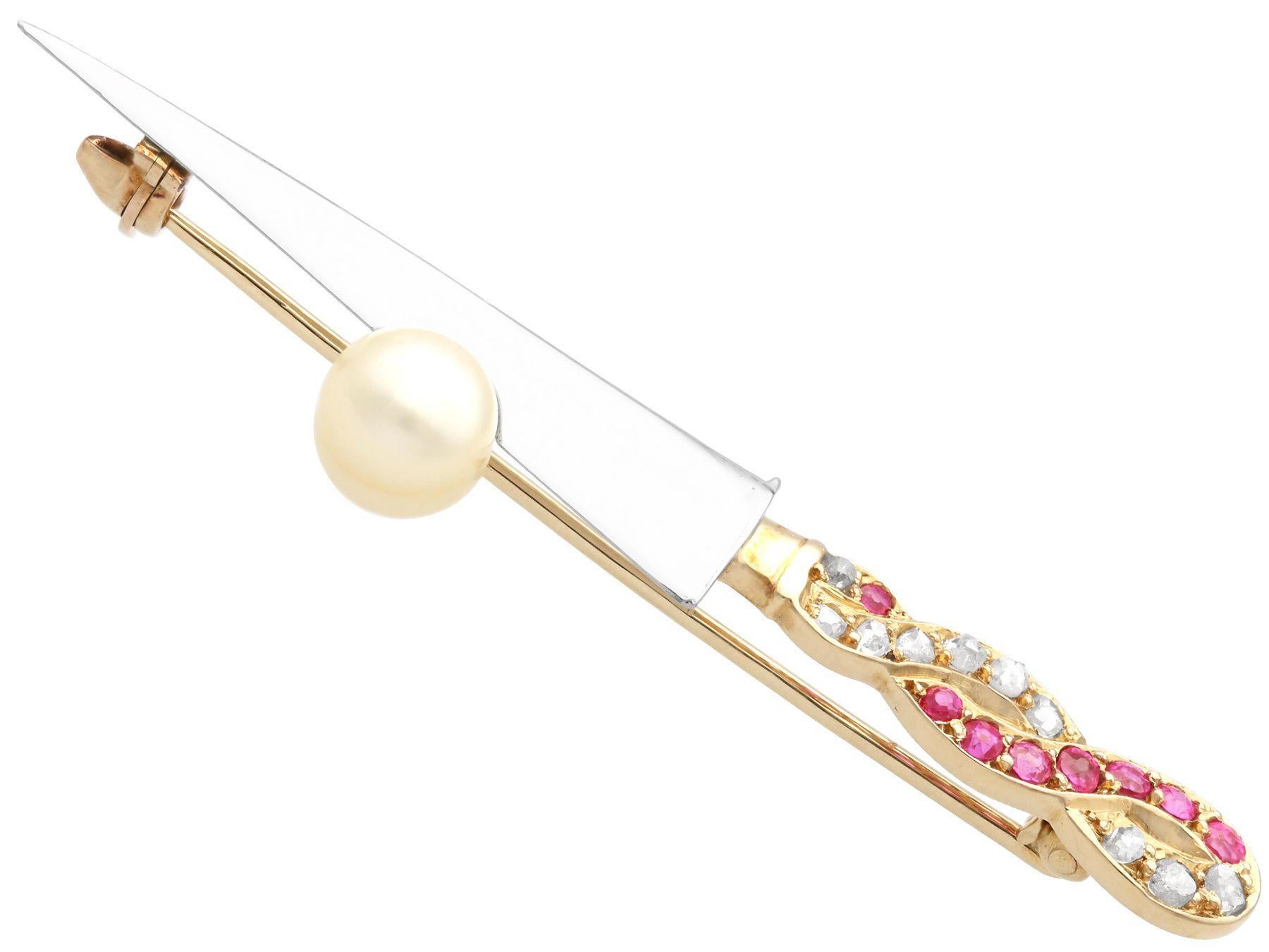 Vintage 1950s Pearl Ruby and Diamond and Yellow Gold Sword Brooch In Excellent Condition For Sale In Jesmond, Newcastle Upon Tyne