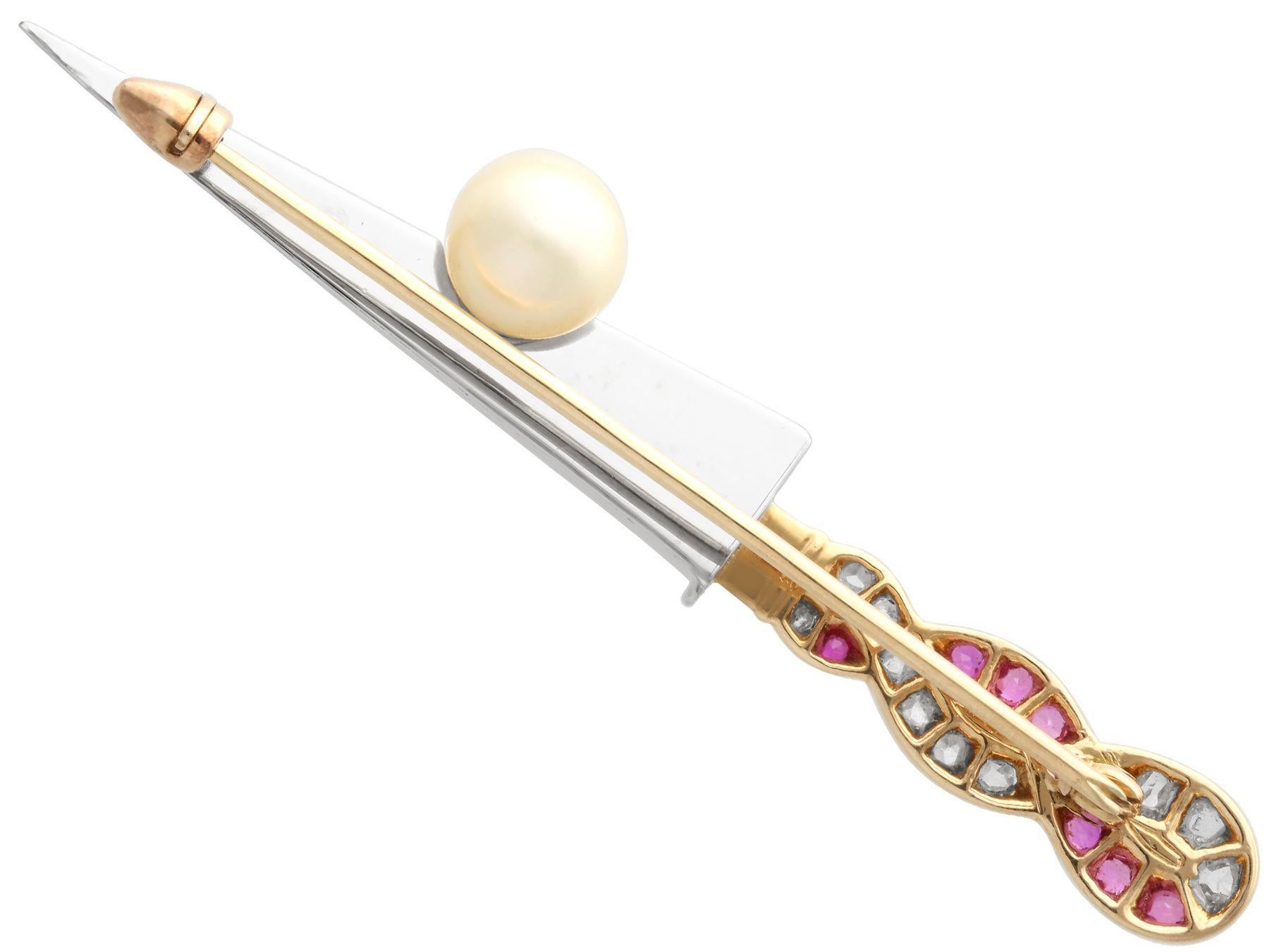 Women's or Men's Vintage 1950s Pearl Ruby and Diamond and Yellow Gold Sword Brooch For Sale