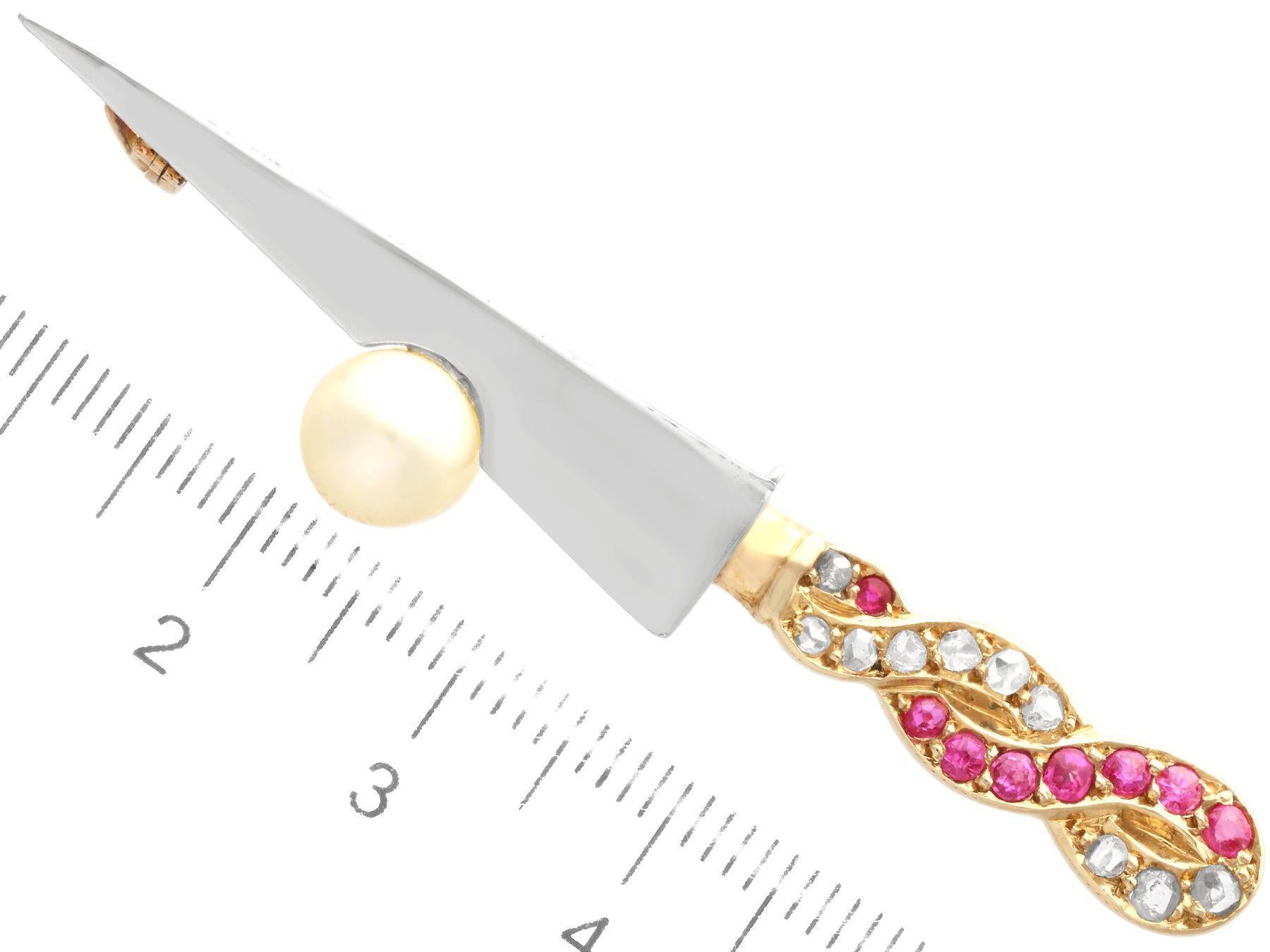 Vintage 1950s Pearl Ruby and Diamond and Yellow Gold Sword Brooch For Sale 2