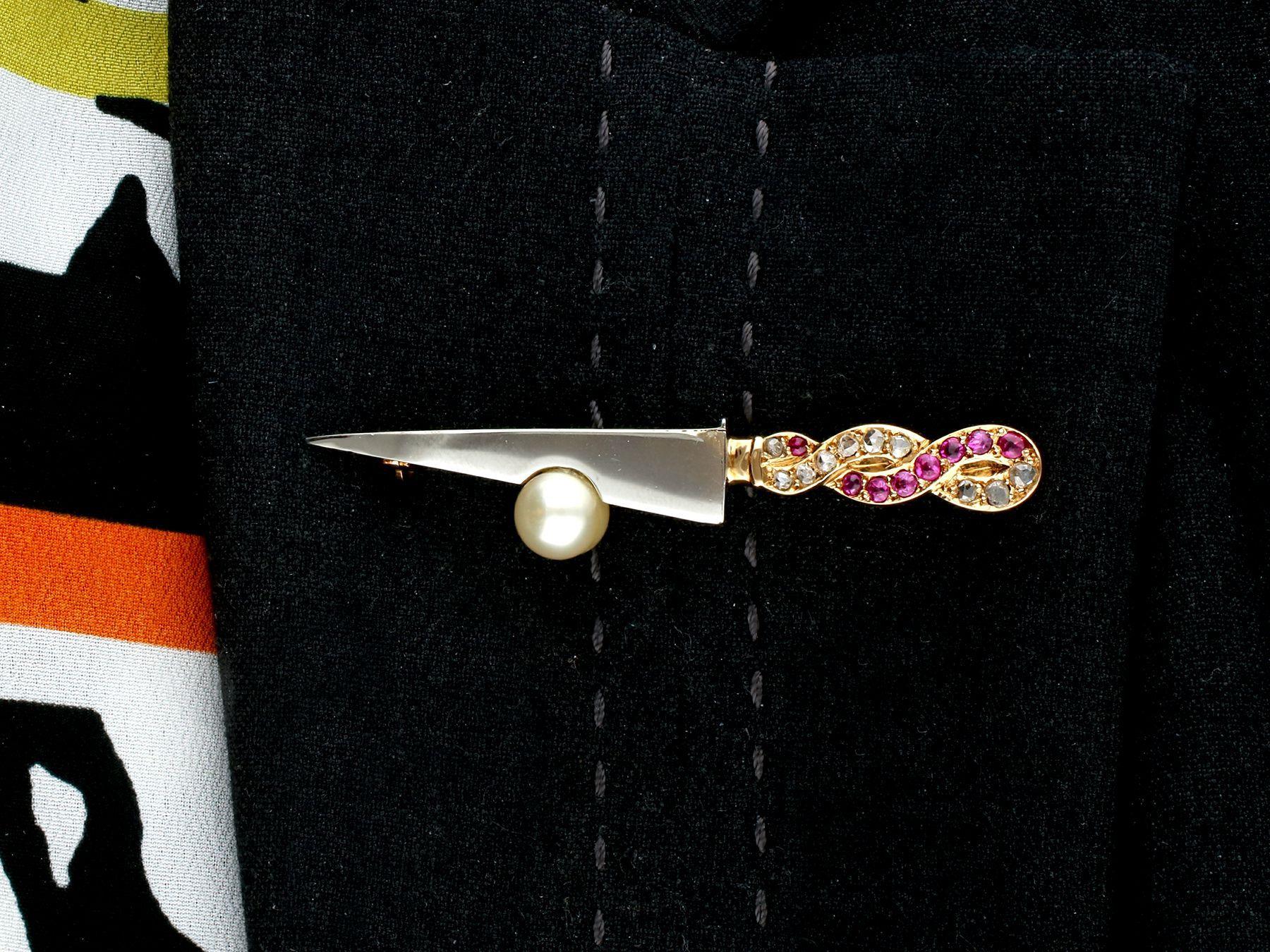 Vintage 1950s Pearl Ruby and Diamond and Yellow Gold Sword Brooch For Sale 3