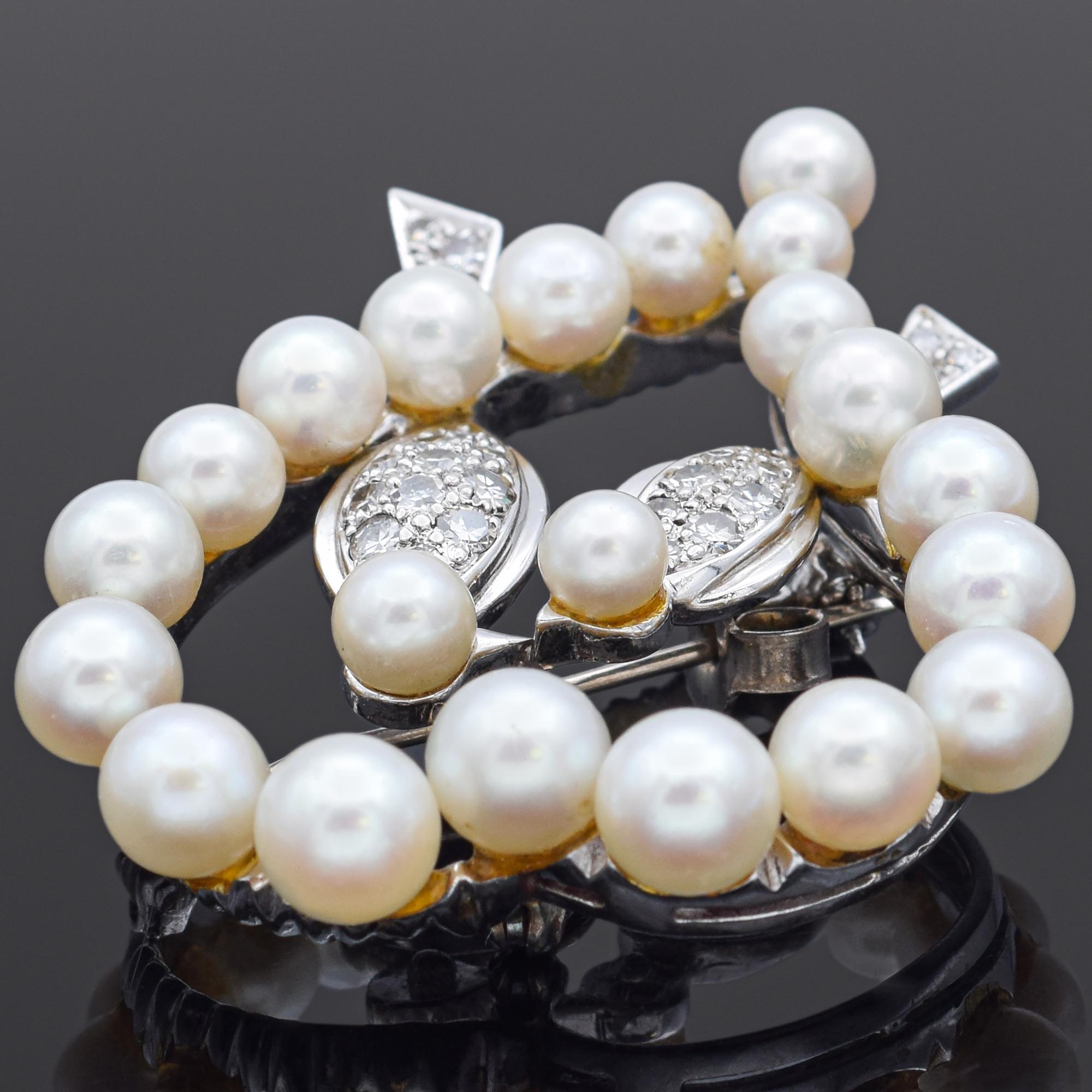 Women's Vintage Pearl & 0.68 TCW Diamond White Gold Love Birds Heart Brooch Pin Pendant