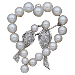 Vintage Pearl & 0.68 TCW Diamond White Gold Love Birds Heart Brooch Pin Pendant