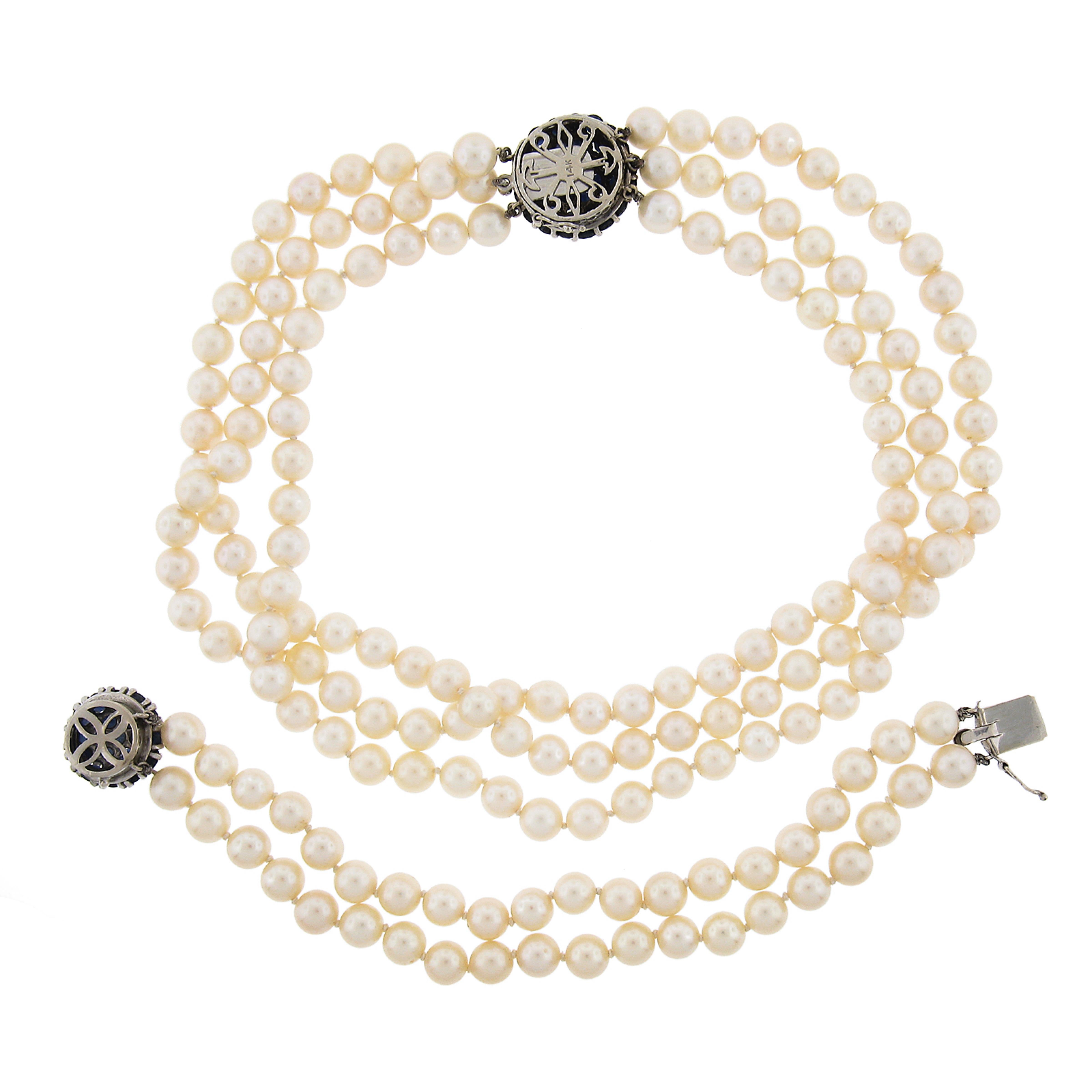 Ensemble collier et bracelet vintage en or blanc 14 carats avec perles et saphirs de 10 carats en vente 1
