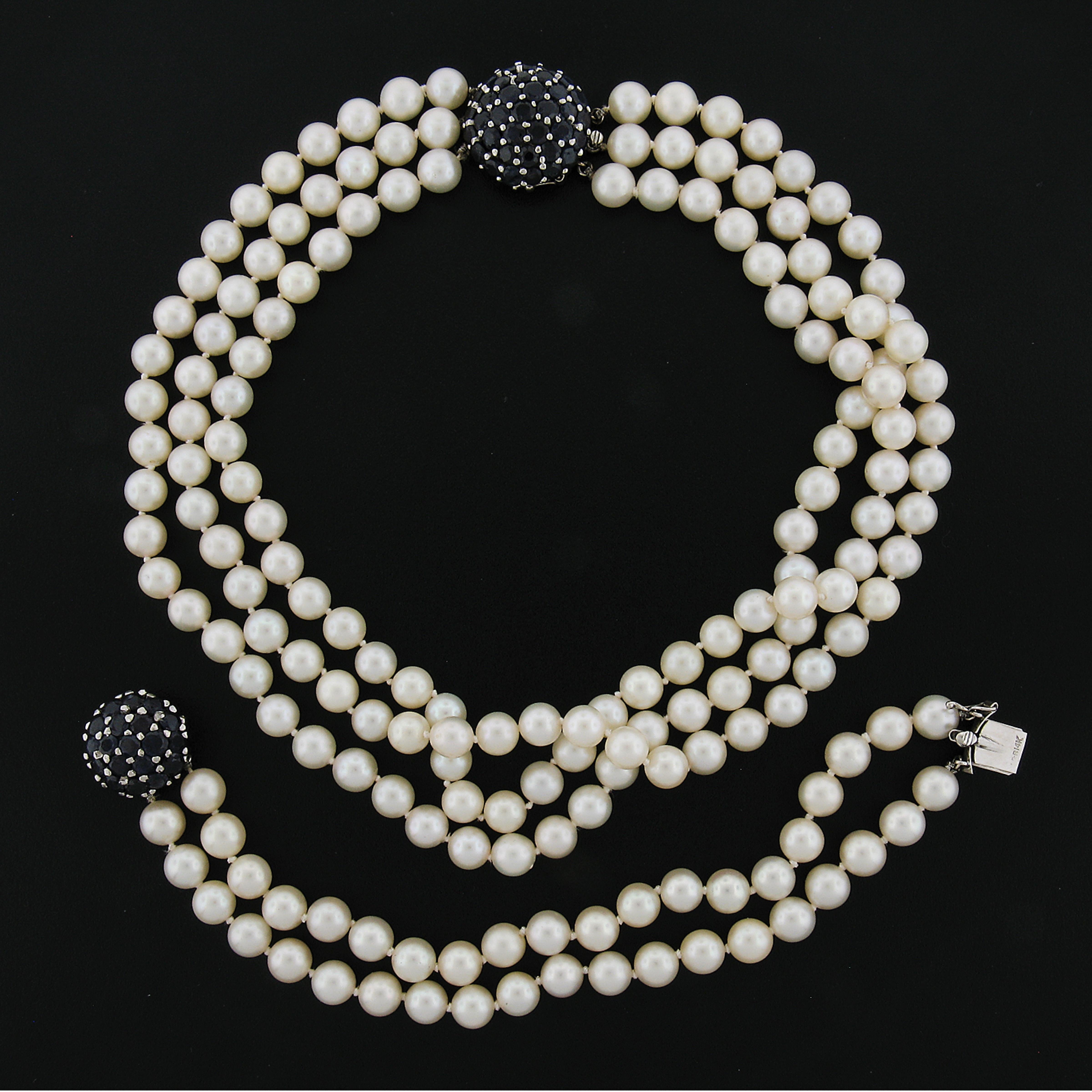Ensemble collier et bracelet vintage en or blanc 14 carats avec perles et saphirs de 10 carats en vente 4