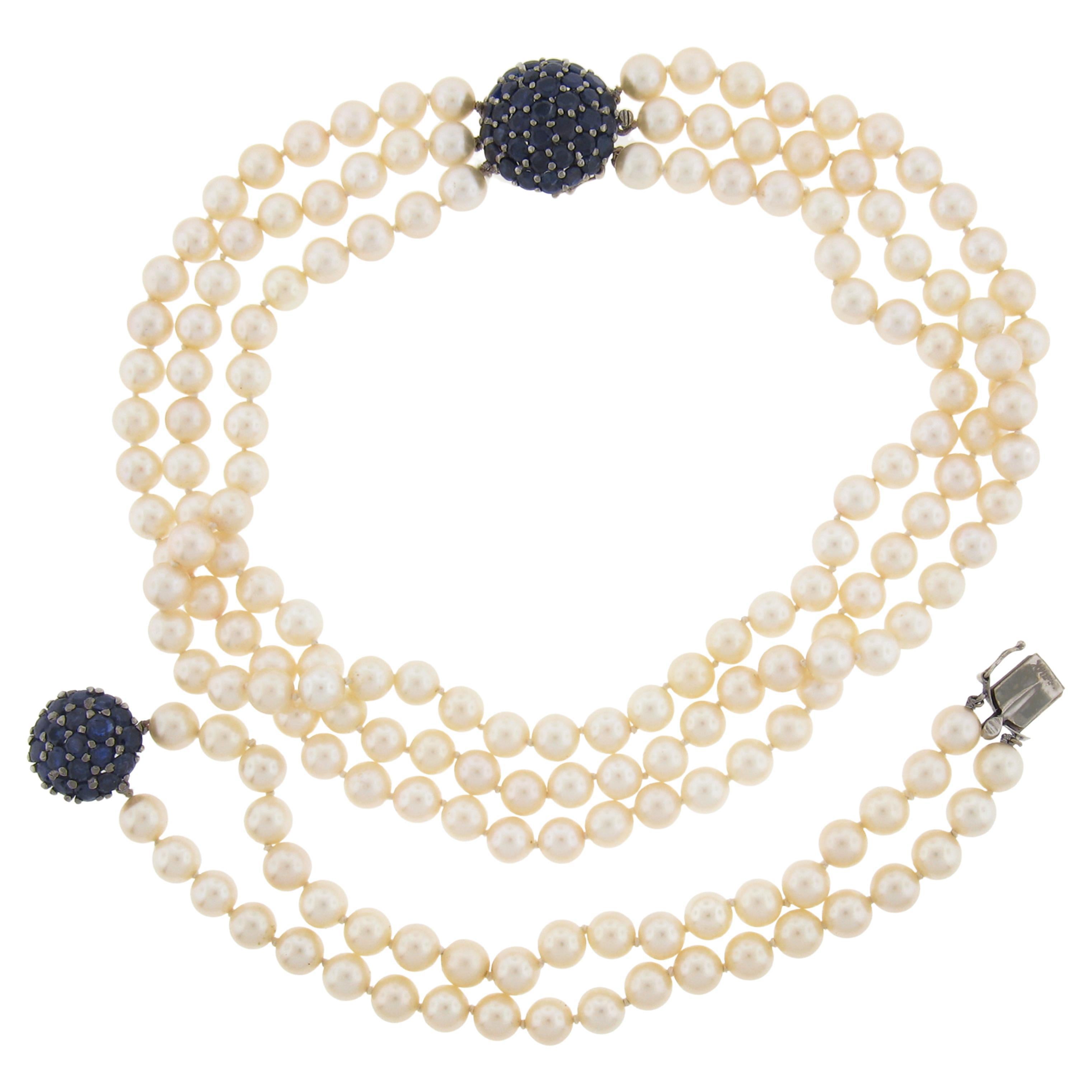 Vintage Pearl & 10ctw Sapphire Necklace and Bracelet Set 14k White Gold Clasps