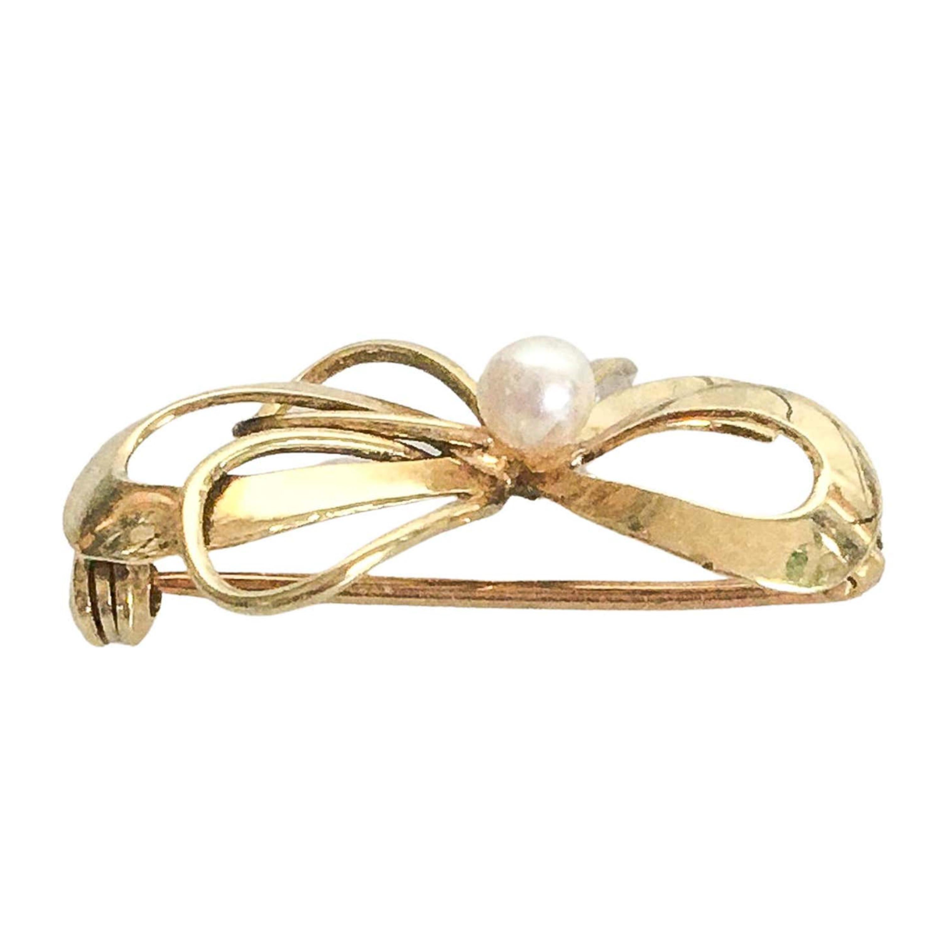 Women's or Men's Vintage Bow and Cultured Pearl 14K Gold Brooch