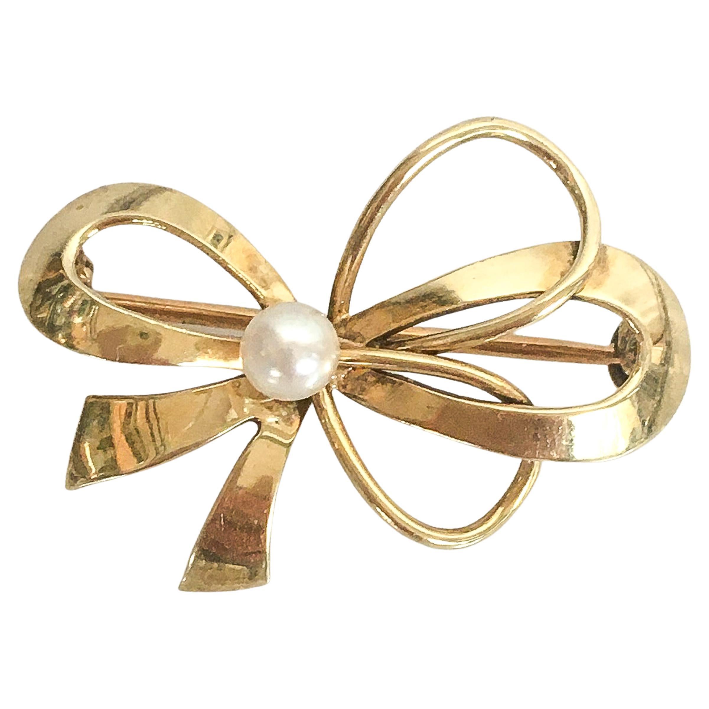 Vintage Bow and Cultured Pearl 14K Gold Brooch