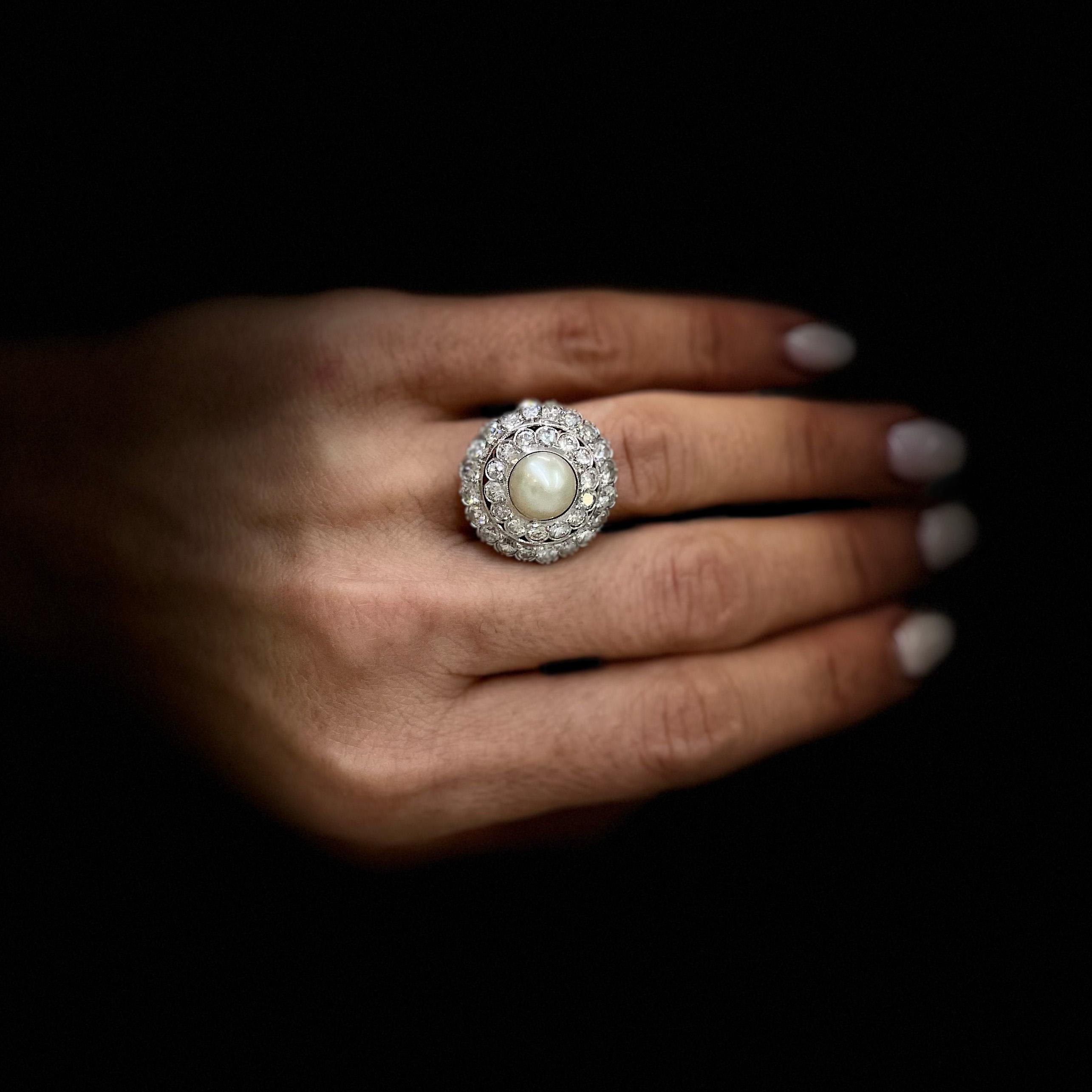 Vintage Pearl 14K White Gold Diamond Ring For Sale 1