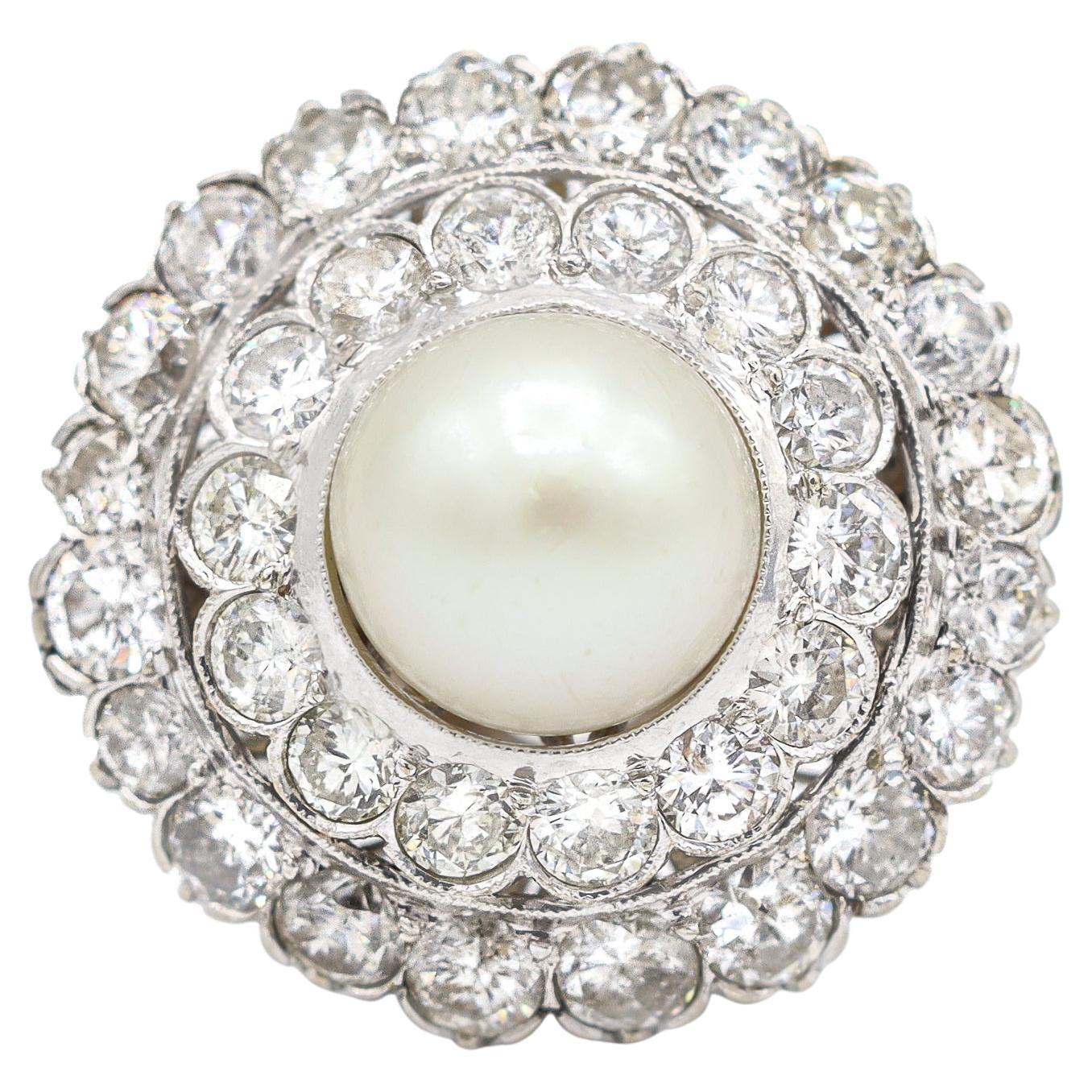 Vintage Pearl 14K White Gold Diamond Ring For Sale