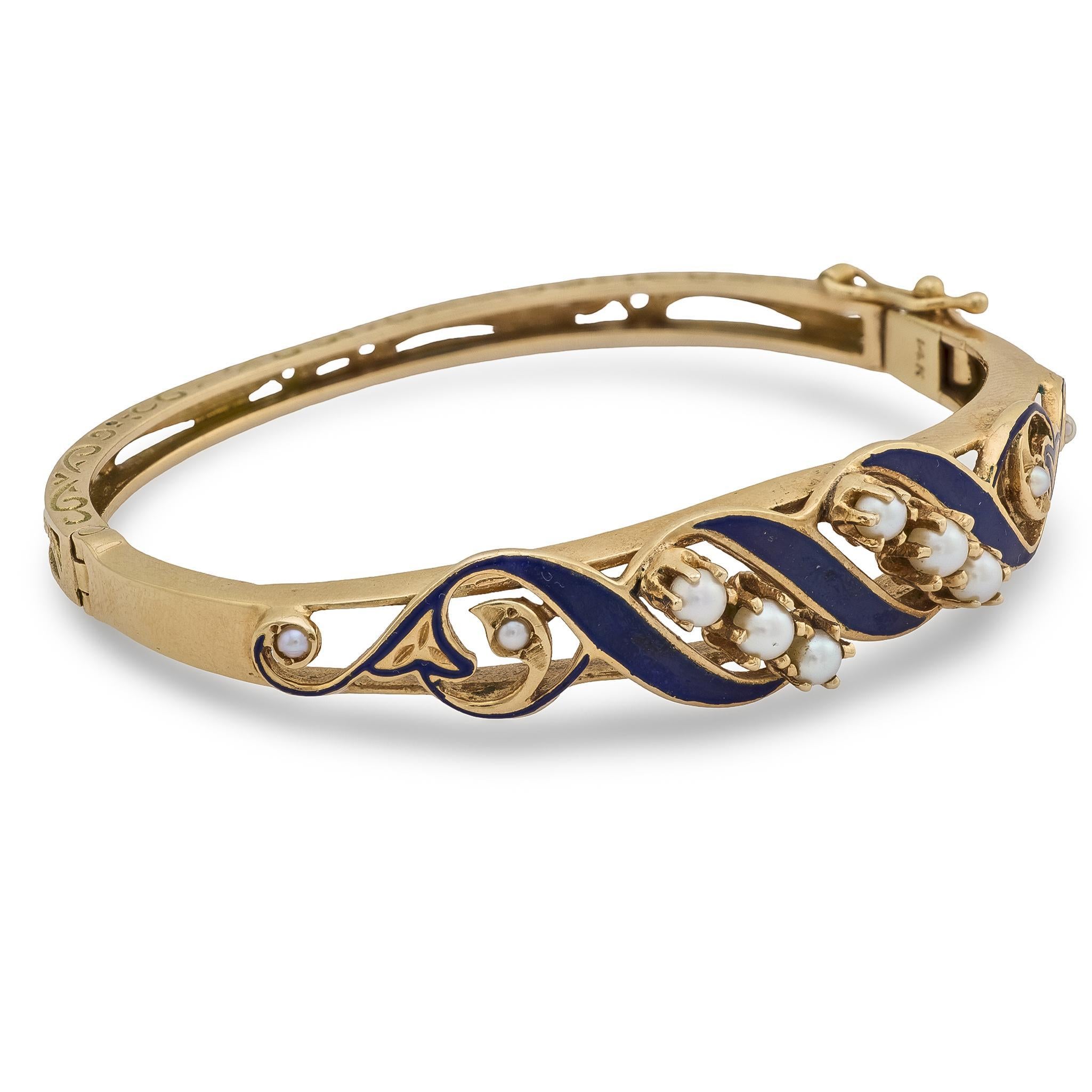Moderne Bracelet vintage en or jaune 14k émaillé de perles en vente