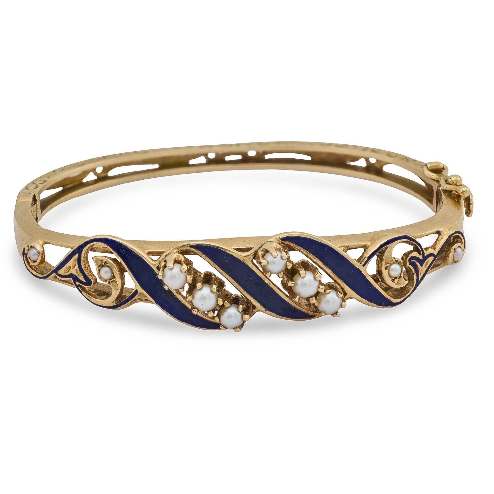 Bracelet vintage en or jaune 14k émaillé de perles en vente 2