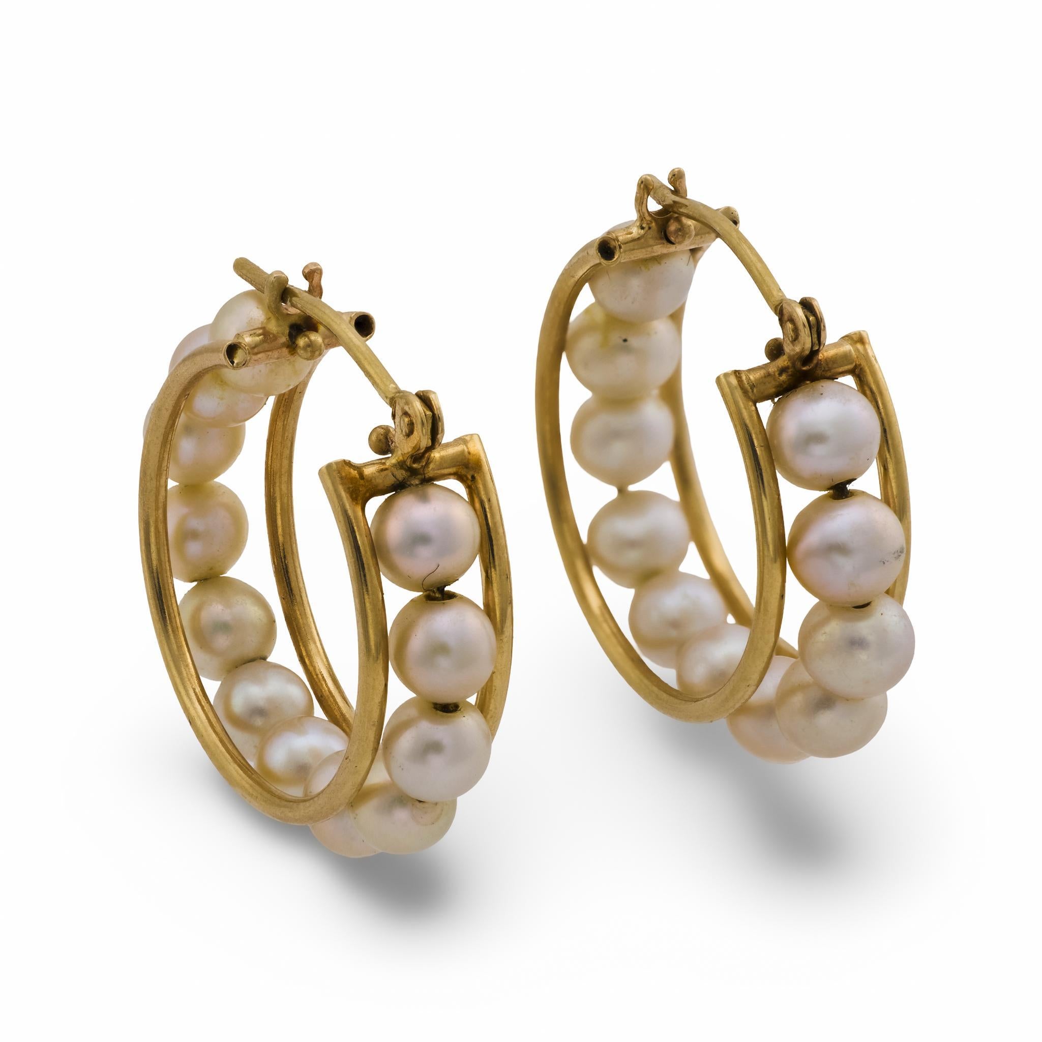 Orecchini a cerchio con perle d'epoca in oro giallo 14k