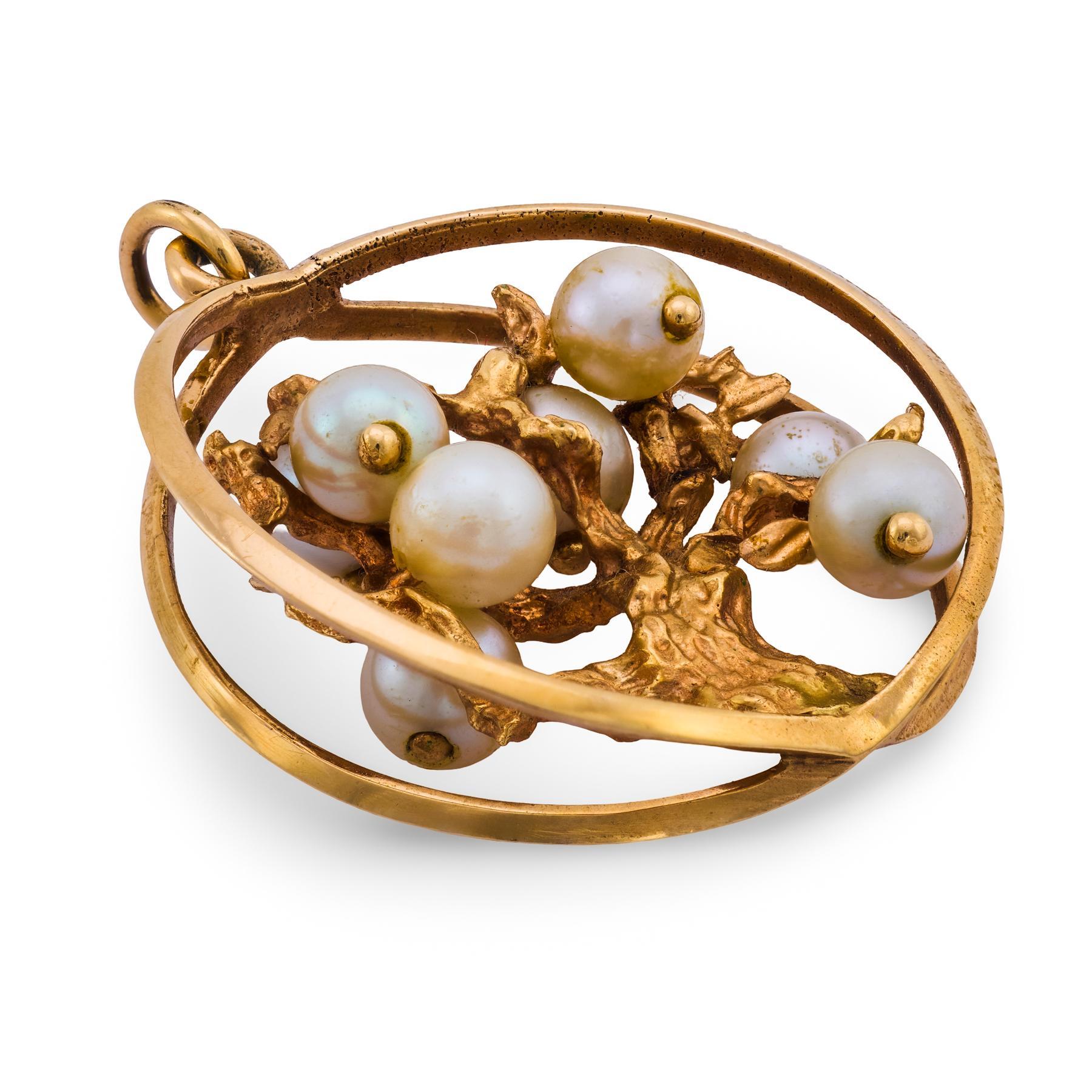 Contemporain Pendentif arbre en or jaune 14k perle vintage en vente