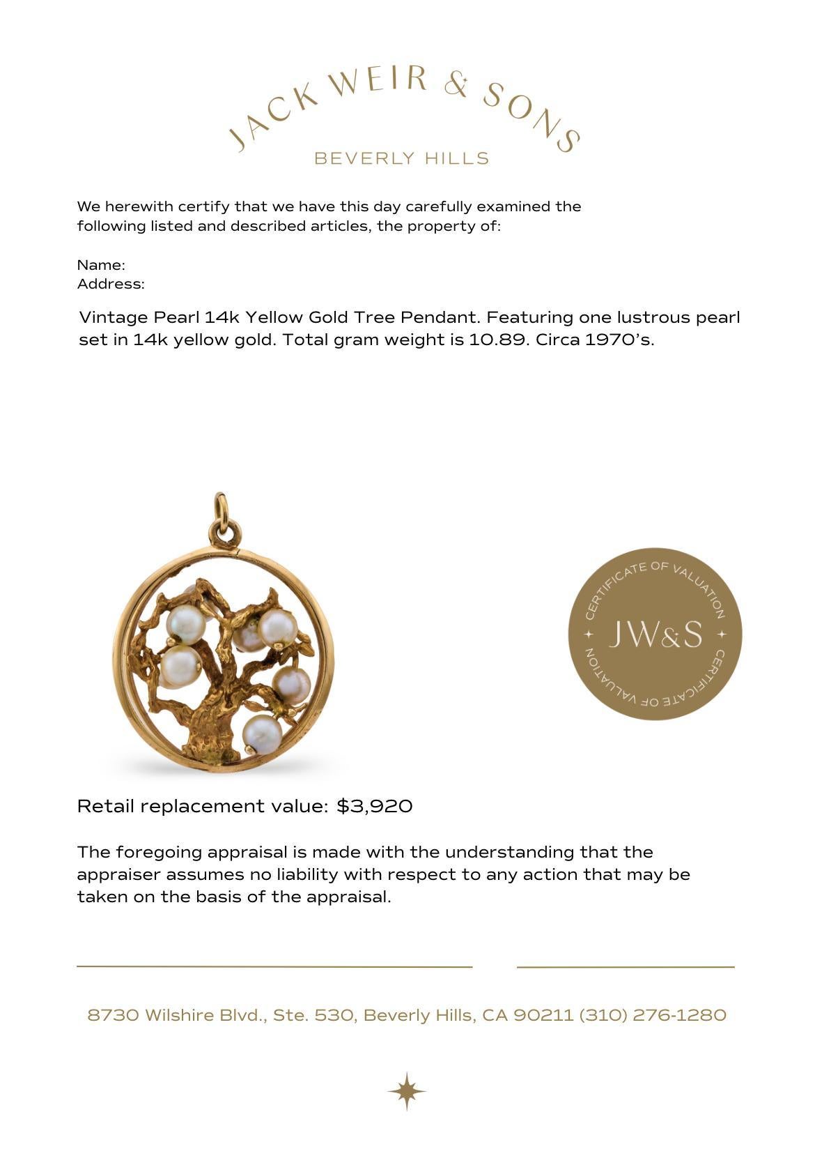 Pendentif arbre en or jaune 14k perle vintage Bon état - En vente à Beverly Hills, CA