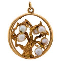 Pendentif arbre en or jaune 14k perle vintage