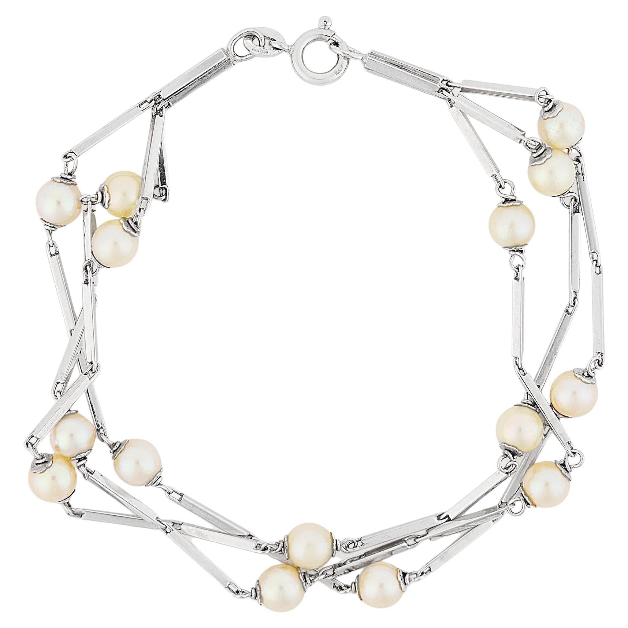 Vintage 18k White Gold Pearl Link Bracelet, Contemporary Design, 1980