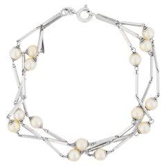 Vintage 18k White Gold Pearl Link Bracelet, Contemporary Design, 1980
