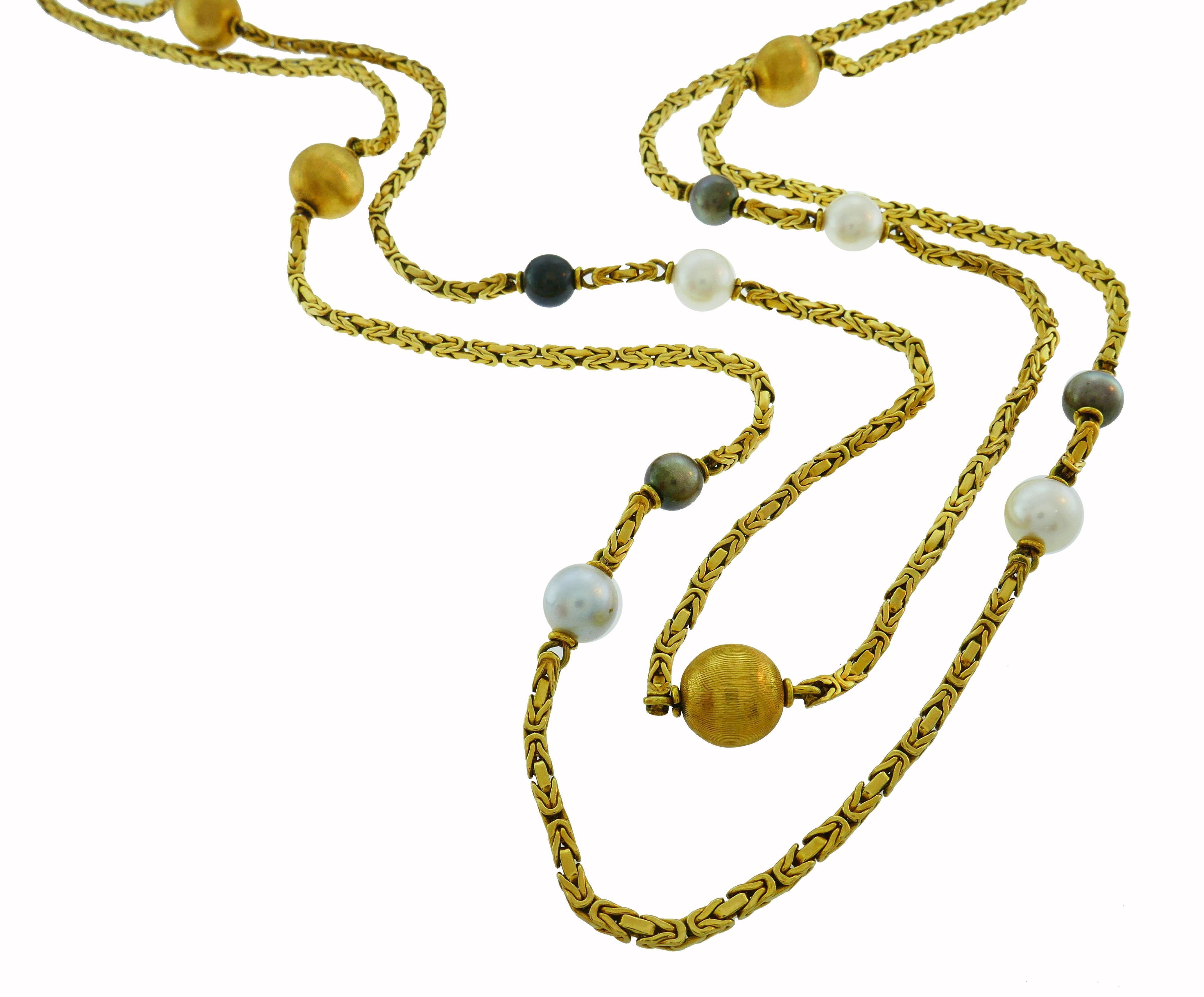 Bead Vintage Pearl 18k Yellow Gold Chain Necklace Signed BTF French For Sale
