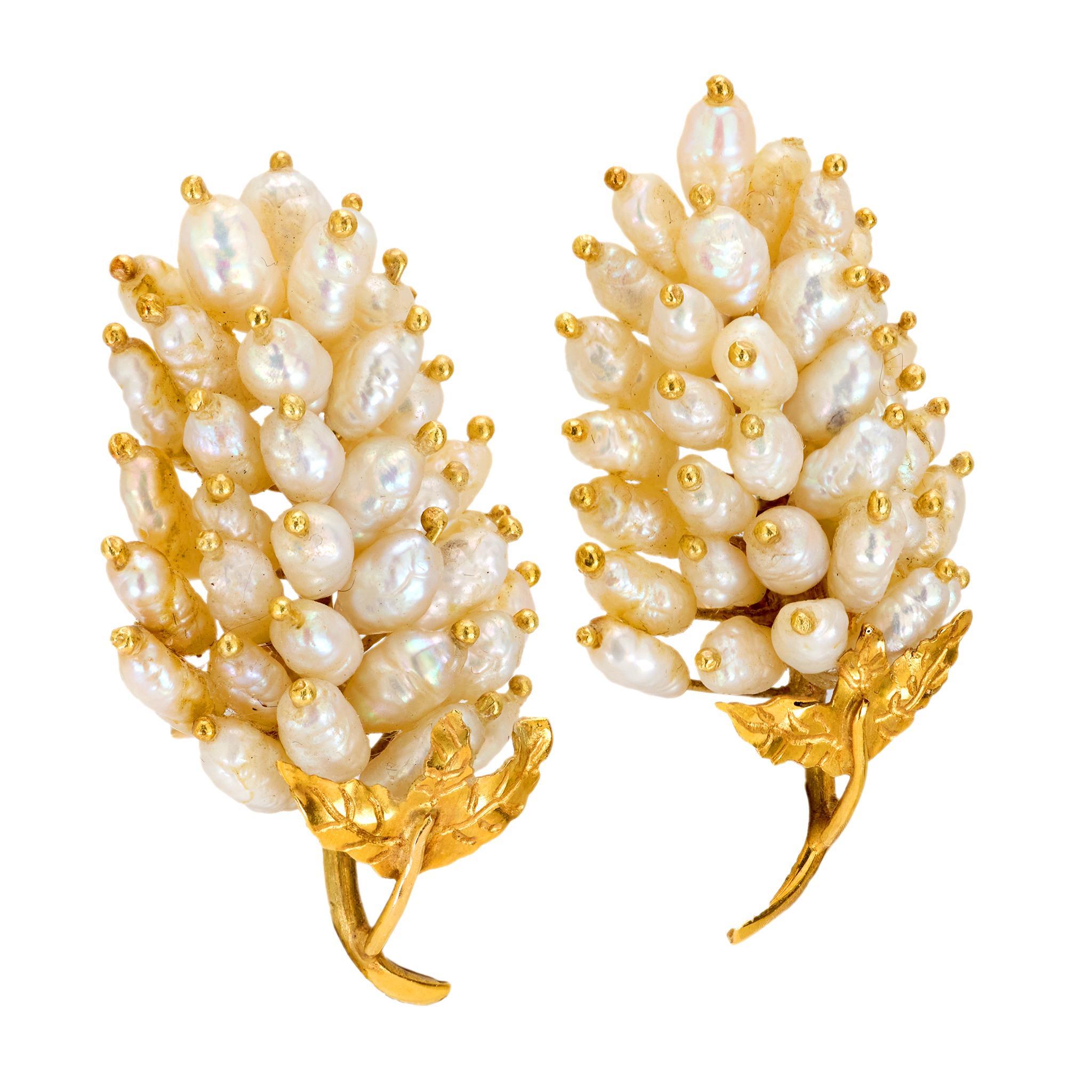 Modern Vintage pearl 18k yellow gold grape leaf earrings